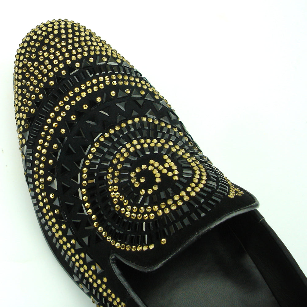 FI-7220 Black Gold Rhinestones Slip on Loafer Fiesso by Aurelio Garcia