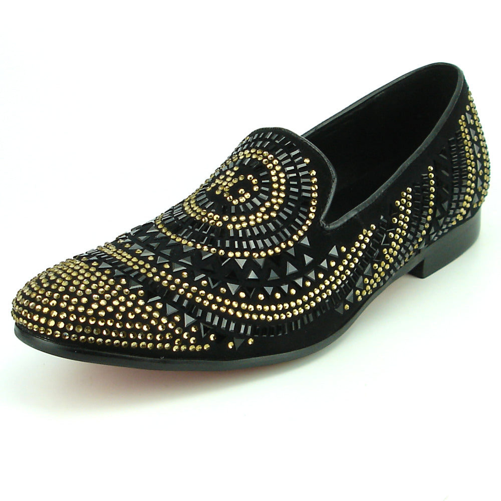 FI-7220 Black Gold Rhinestones Slip on Loafer Fiesso by Aurelio Garcia