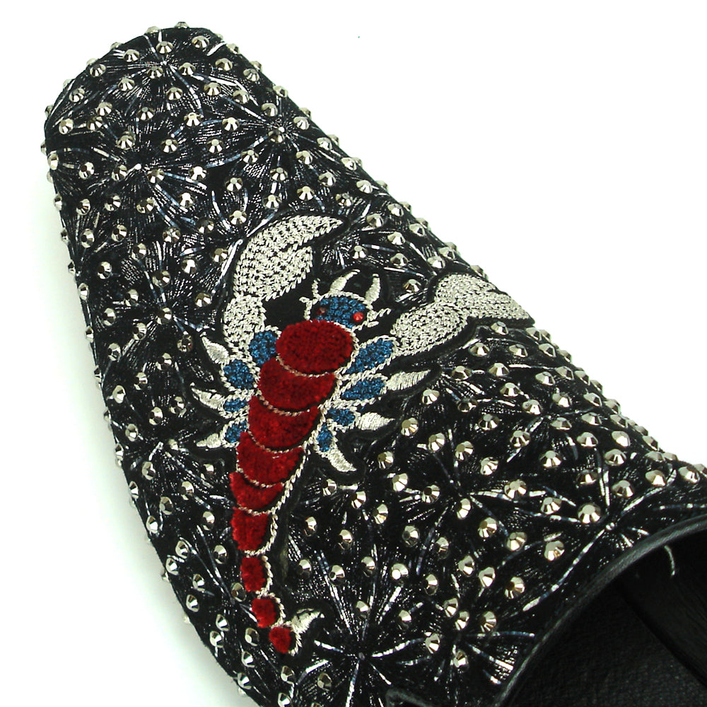 FI-7252 Black Studded with Embroidered Scorpion Slip on Fiesso by Aurelio Garcia