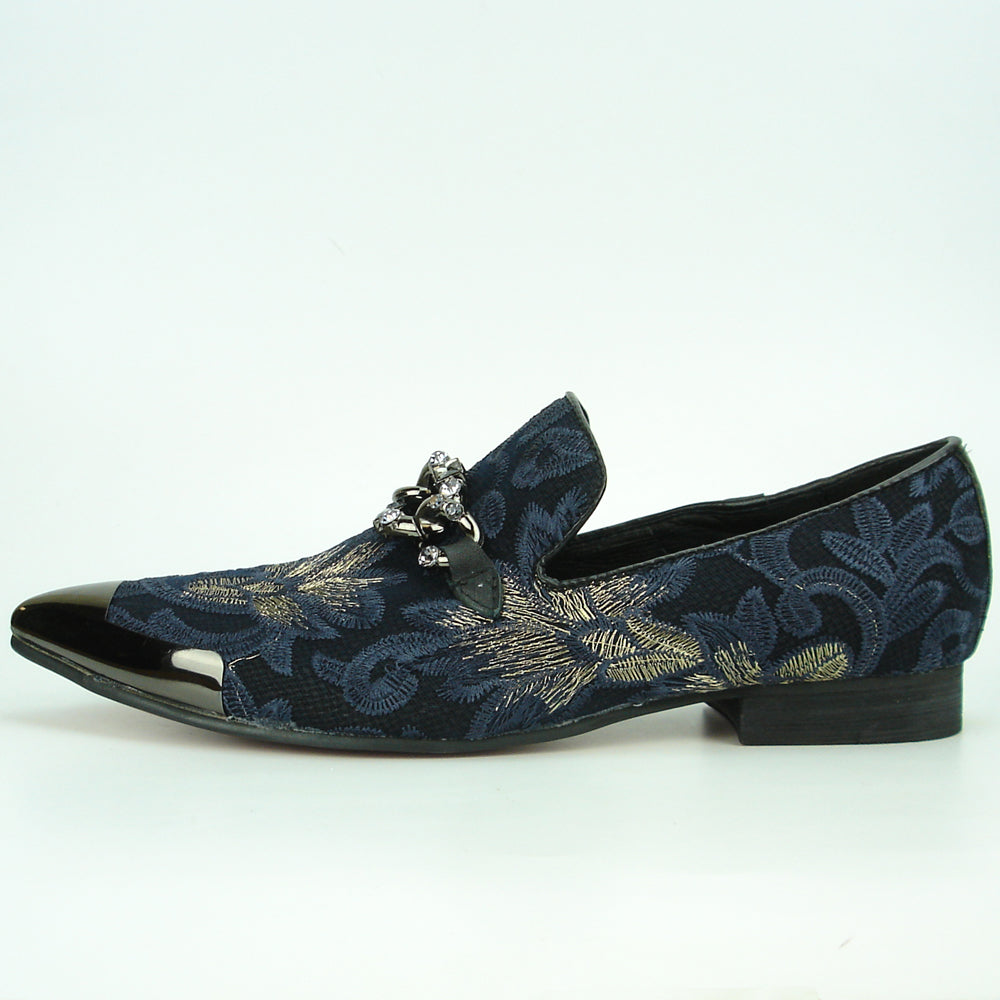 FI-7253 Black Blue Embroidered Slip on Metal Tip Fiesso by Aurelio Garcia