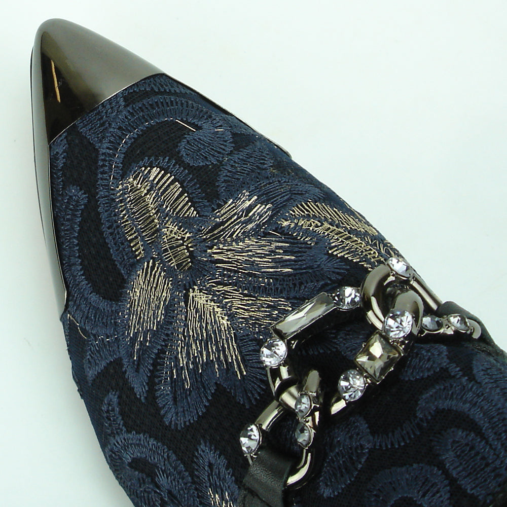 FI-7253 Black Blue Embroidered Slip on Metal Tip Fiesso by Aurelio Garcia