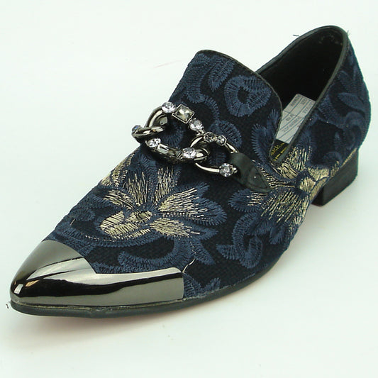 FI-7253 Black Blue Embroidered Slip on Metal Tip Fiesso by Aurelio Garcia