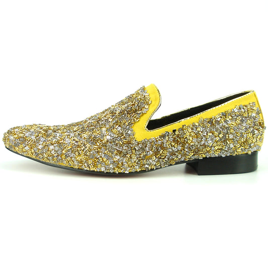 FI-7258 Gold Suede Over Gold Crystals Slip on Loafer Fiesso by Aurelio Garcia