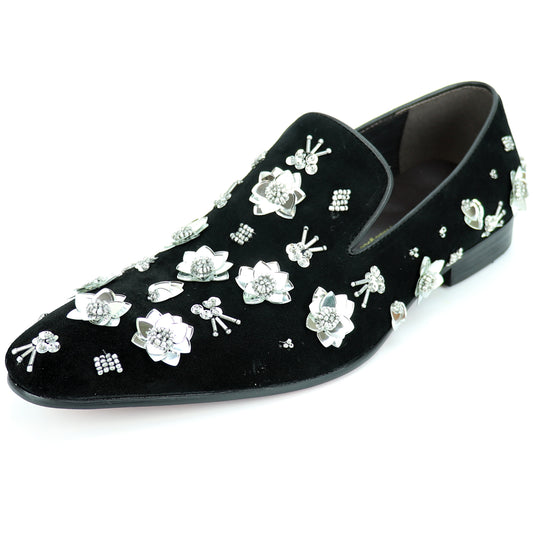 FI-7272 Black Suede Silver Flowers Slip on Loafer Fiesso by Aurelio Garcia