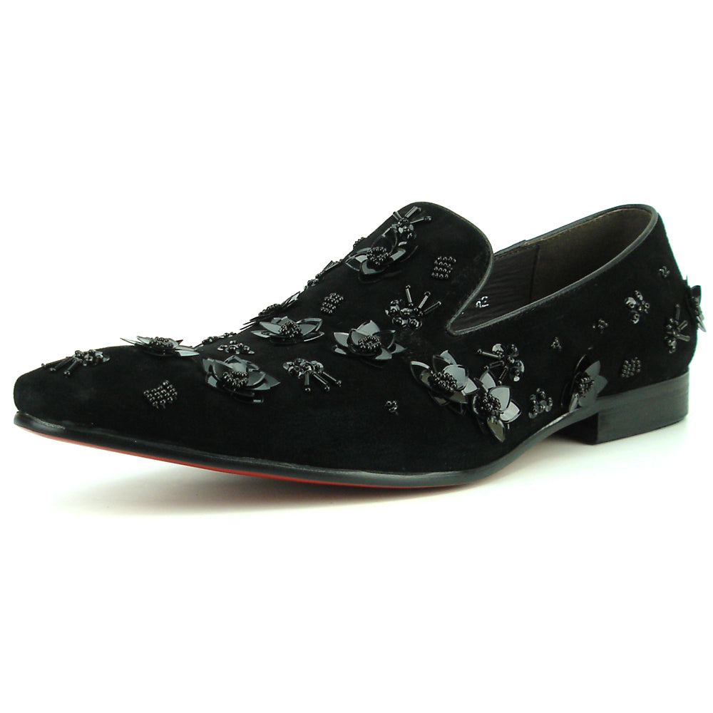 FI-7272 Black Suede Black Flowers Slip on Loafer Fiesso by Aurelio Garcia