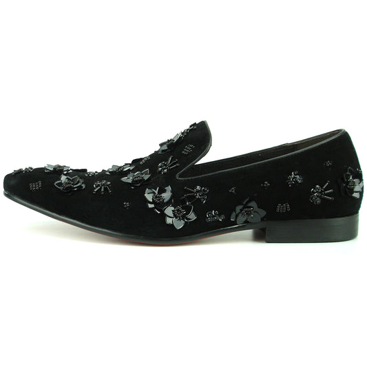 FI-7272 Black Suede Black Flowers Slip on Loafer Fiesso by Aurelio Garcia