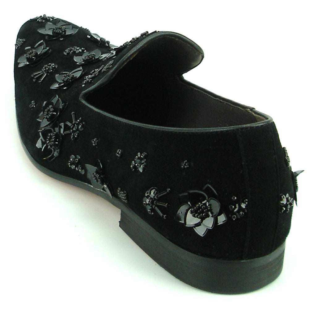 FI-7272 Black Suede Black Flowers Slip on Loafer Fiesso by Aurelio Garcia