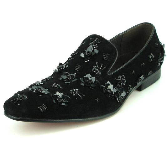 FI-7272 Black Suede Black Flowers Slip on Loafer Fiesso by Aurelio Garcia