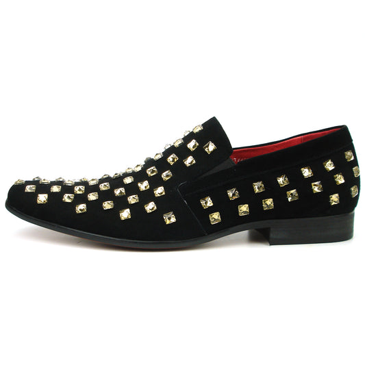 FI-7487 Black Suede Gold Rhinestones Slip on Loafer Fiesso by Aurelio Garcia