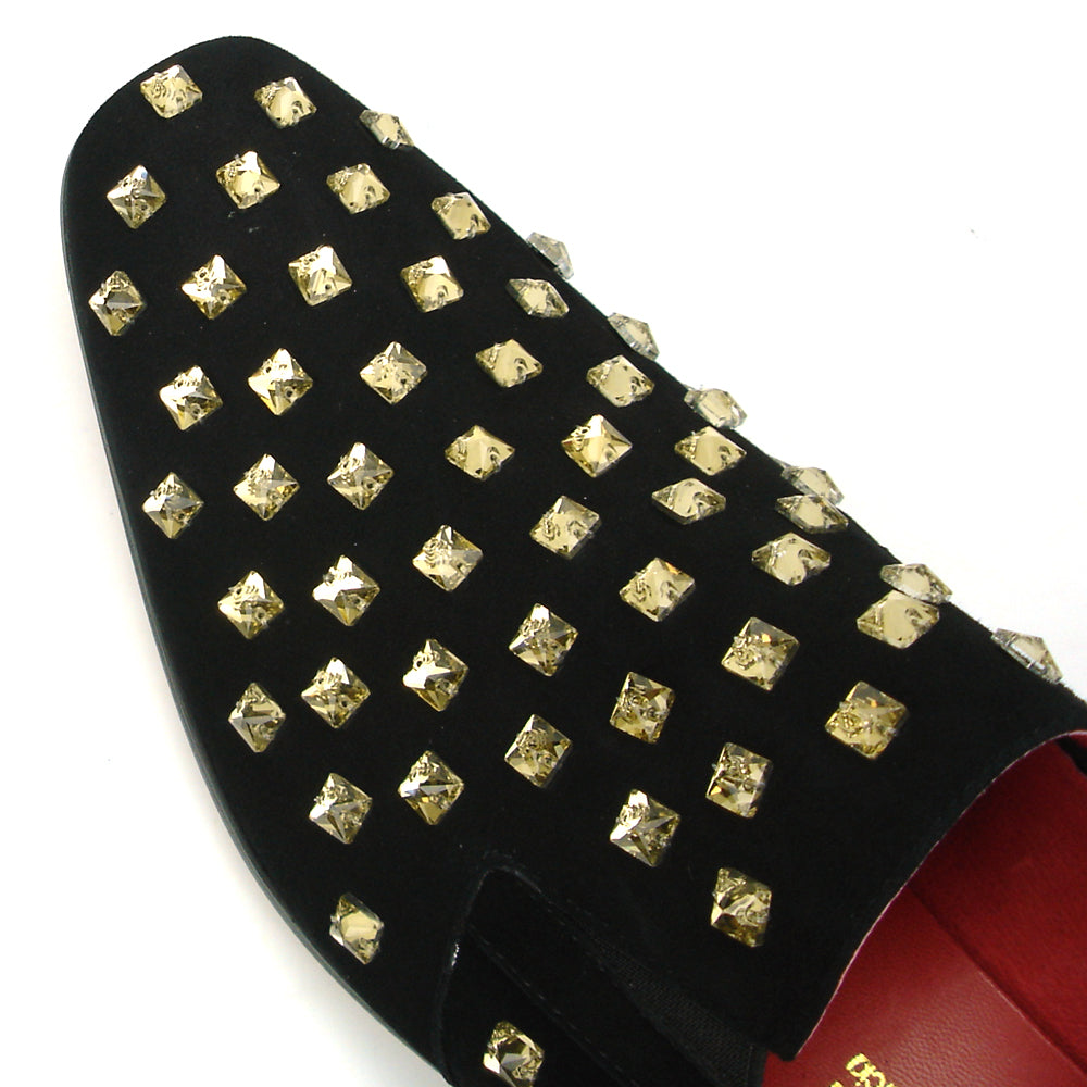 FI-7487 Black Suede Gold Rhinestones Slip on Loafer Fiesso by Aurelio Garcia