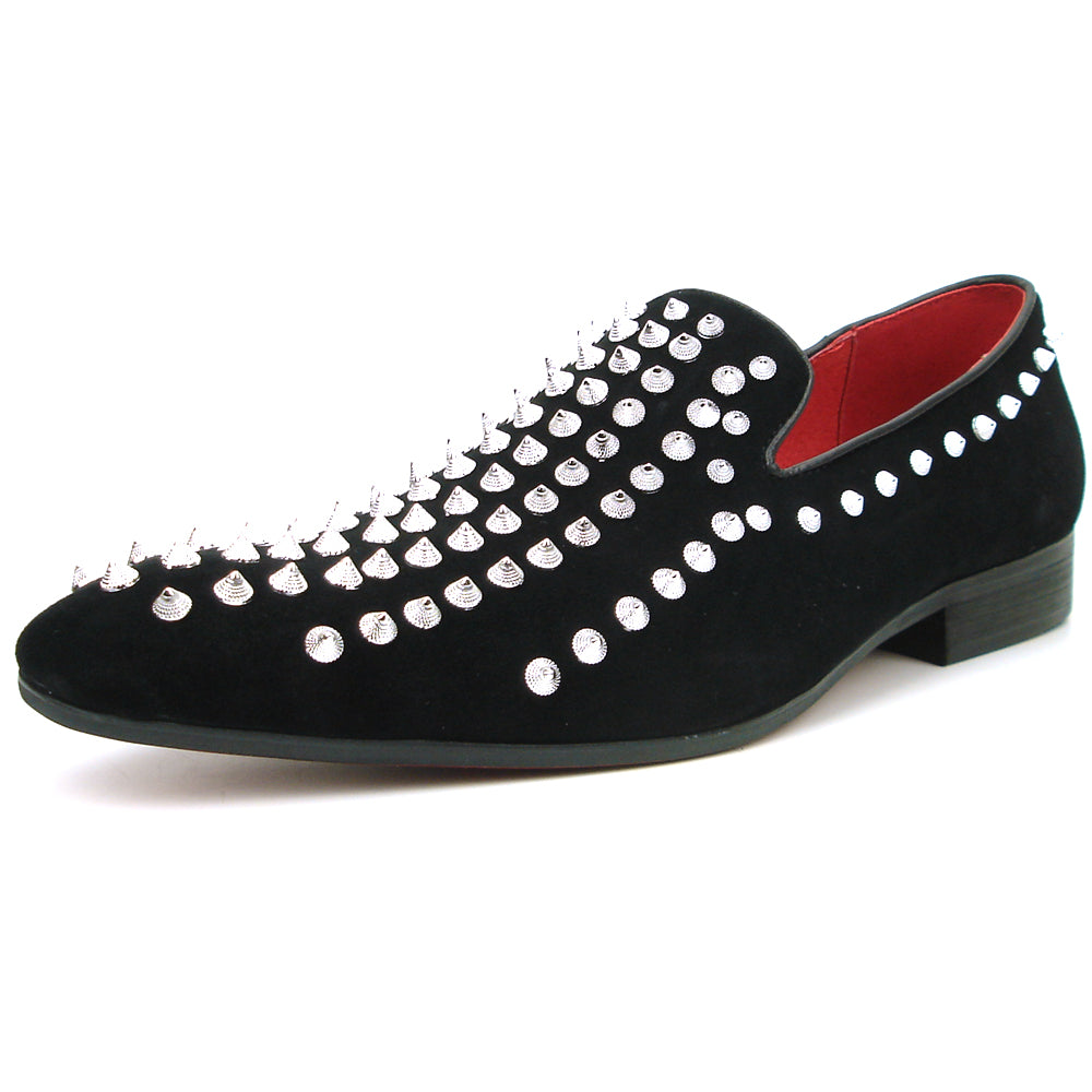 FI-7492 Black Suede Silver Spikes Slip on Loafer Fiesso by Aurelio Garcia