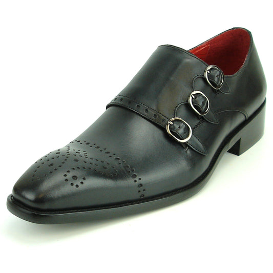 FI-8703 Black Triple Monk Strap Leather Slip on Loafer Encore by Fiesso