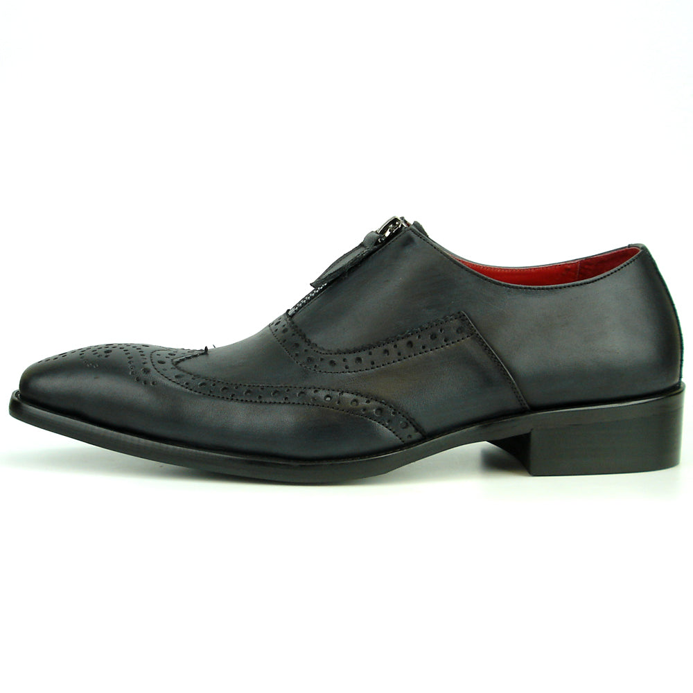 FI-8714 Black Leather Wing Tip With Front Zipper Encore by Fiesso