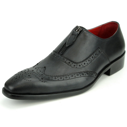 FI-8714 Black Leather Wing Tip With Front Zipper Encore by Fiesso