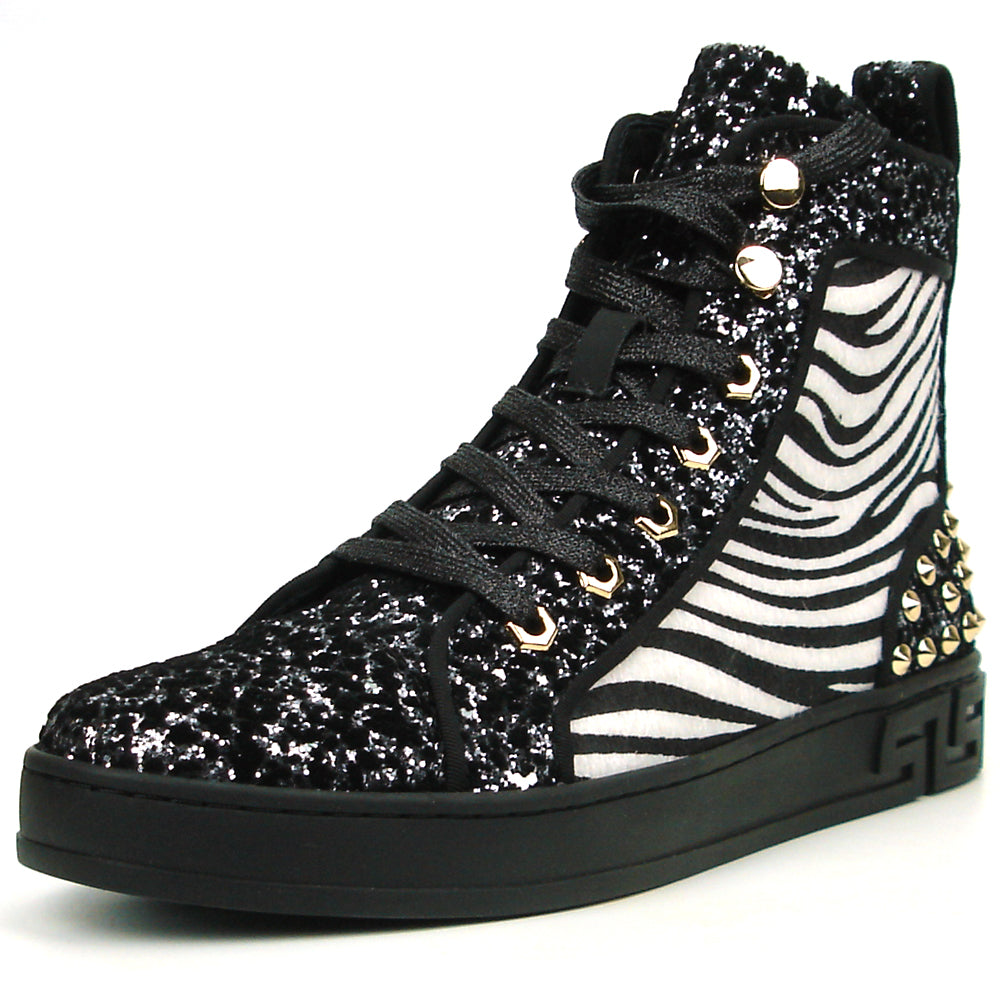 FI-2347 Black Glitter Black and White Zebra High top Sneaker Encore by Fiesso
