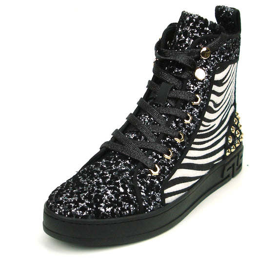 FI-2347 Black Glitter Black and White Zebra High top Sneaker Encore by Fiesso