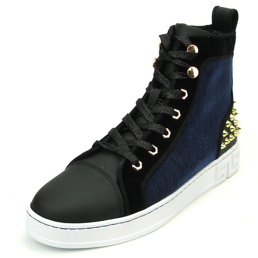 FI-2348 Black Blue High top Sneaker Gold Spikes Encore by Fiesso