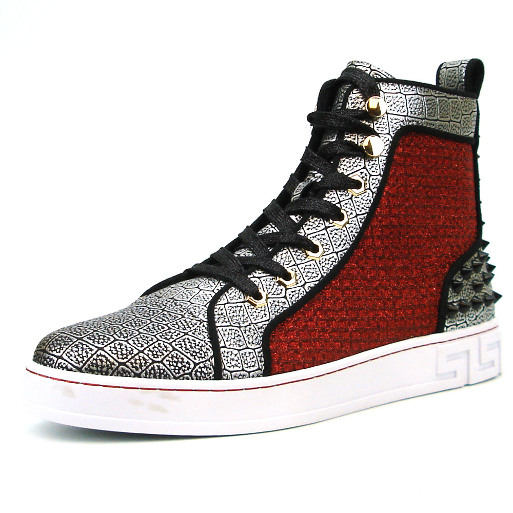 FI-2362-2 Red Silver Black Spikes High top Sneaker Encore by Fiesso