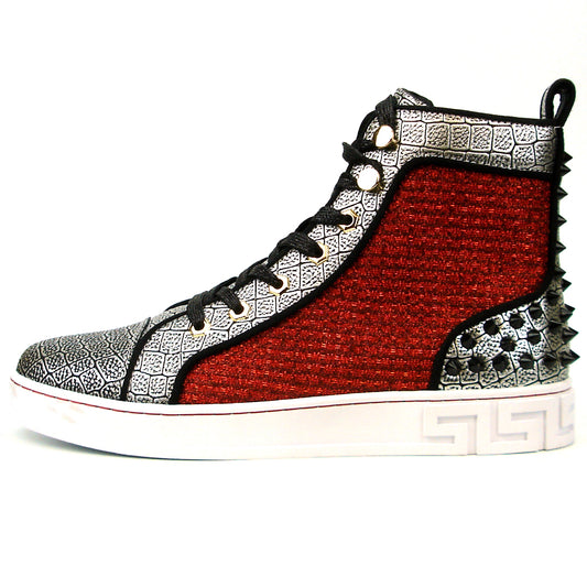 FI-2362-2 Red Silver Black Spikes High top Sneaker Encore by Fiesso