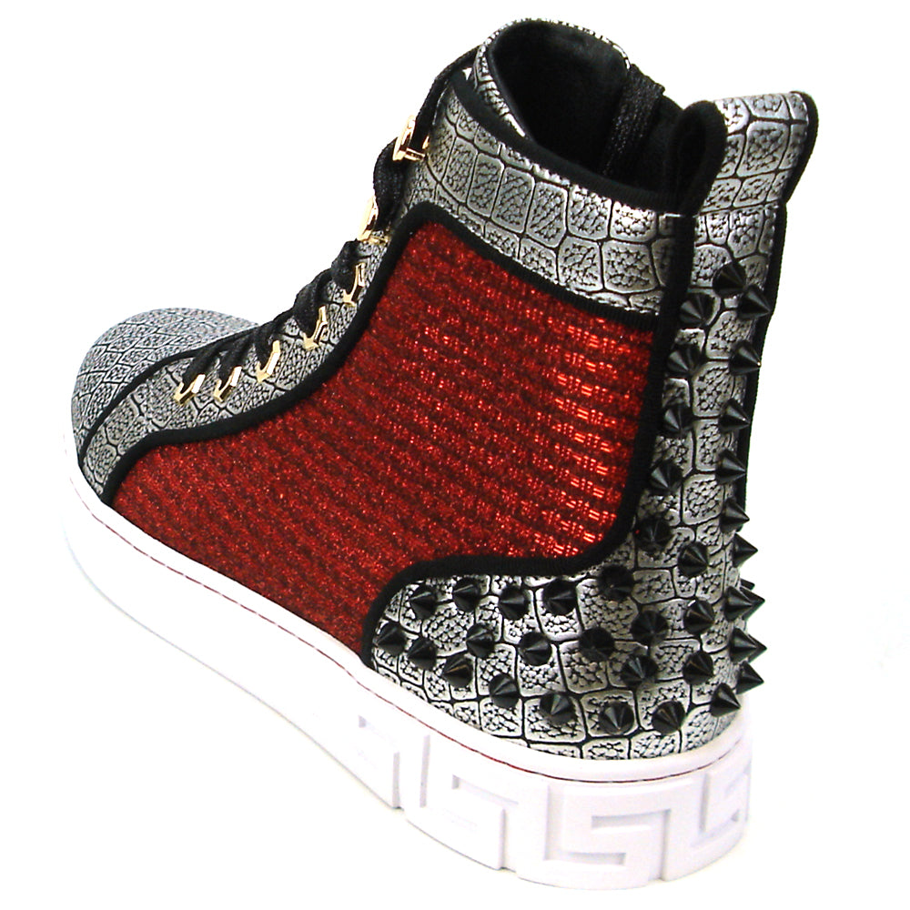 FI-2362-2 Red Silver Black Spikes High top Sneaker Encore by Fiesso