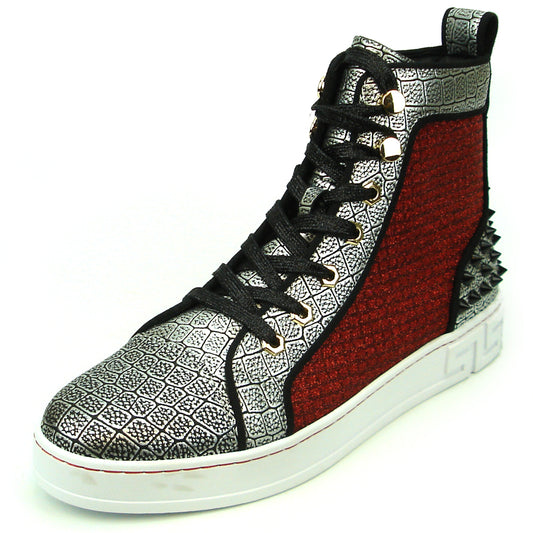 FI-2362-2 Red Silver Black Spikes High top Sneaker Encore by Fiesso