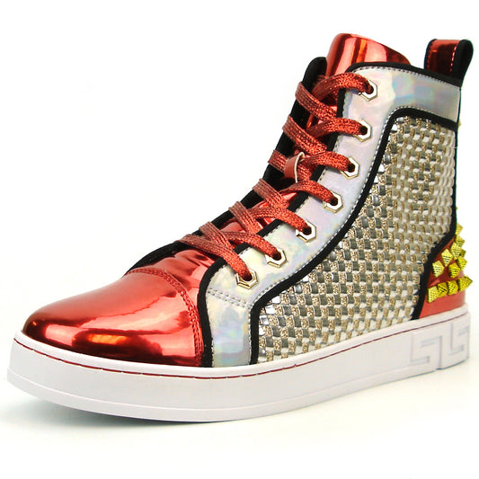 FI-2363 Red Silver Gold Spikes High top Sneaker Encore by Fiesso