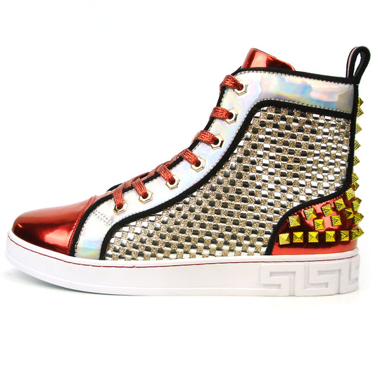 FI-2363 Red Silver Gold Spikes High top Sneaker Encore by Fiesso