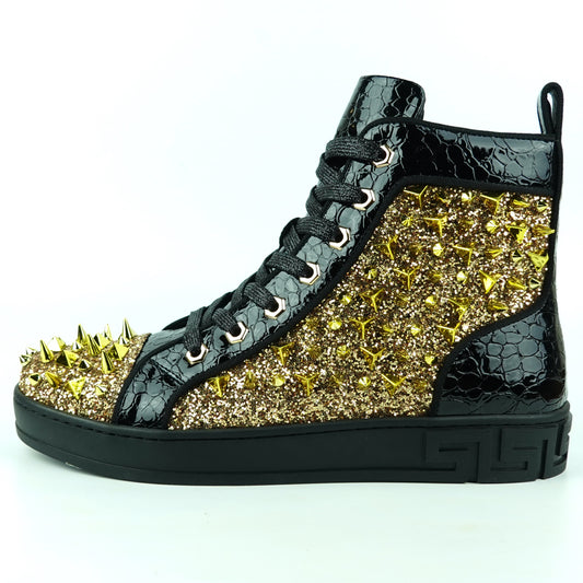 FI-2369 Black Gold Glitter Gold Spikes Lace up High top Sneaker Encore by Fiesso