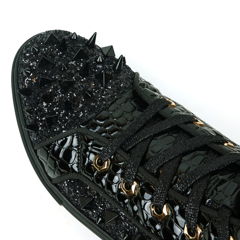FI-2369 Black Glitter Black Spikes Lace up High top Sneaker Encore by Fiesso