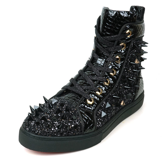 FI-2369 Black Glitter Black Spikes Lace up High top Sneaker Encore by Fiesso