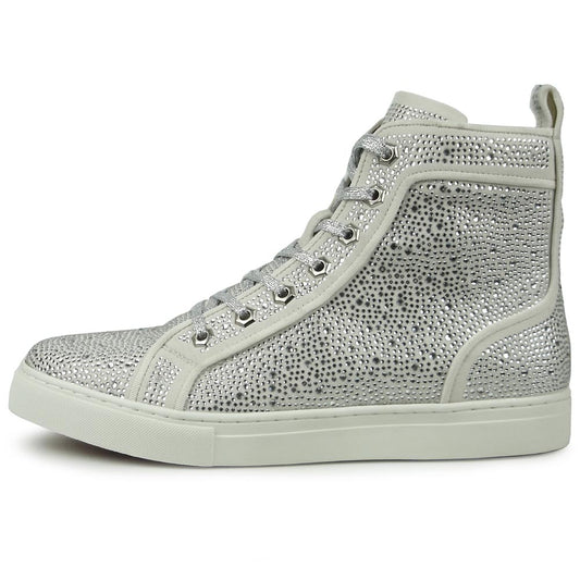 FI-2387 White Suede Clear Rhinestones High Top Sneaker Encore by Fiesso