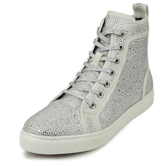 FI-2387 White Suede Clear Rhinestones High Top Sneaker Encore by Fiesso