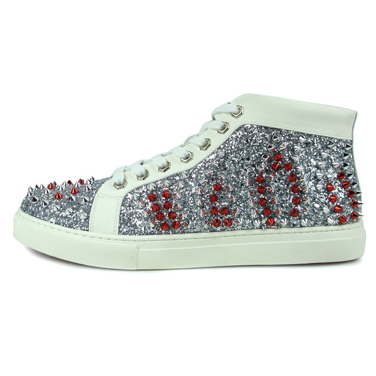 FI-2398 White Leather Silver Red Spikes High top Sneaker Encore by Fiesso