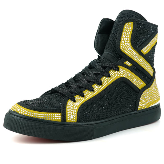 FI-2402 Black Gold Suede and Rhinestones High Top Sneaker Encore by Fiesso