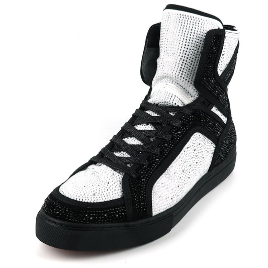 FI-2402 Black White Suede and Rhinestones High Top Sneaker Encore by Fiesso