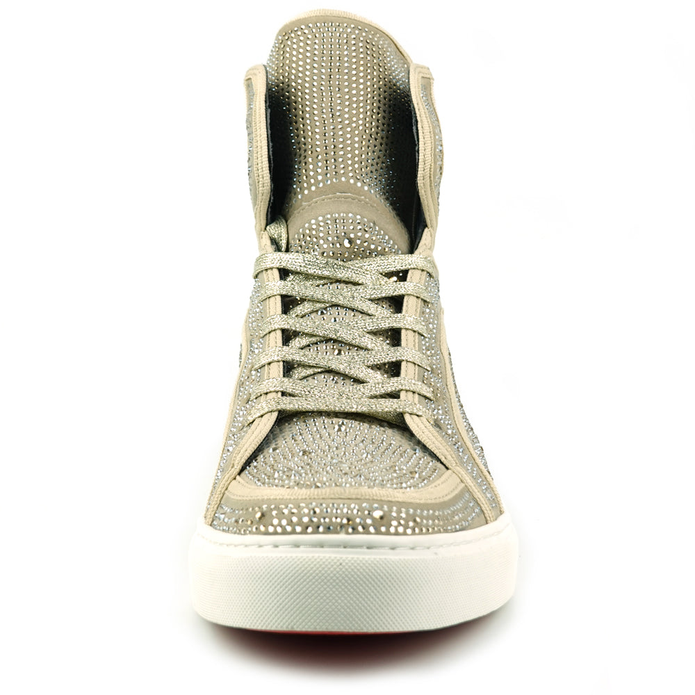 FI-2402 Gold Suede Clear Rhinestones High Top Sneaker Encore by Fiesso
