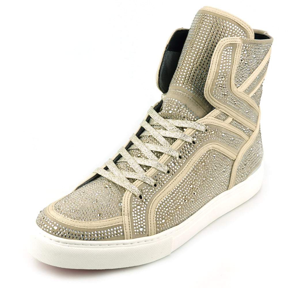 FI-2402 Gold Suede Clear Rhinestones High Top Sneaker Encore by Fiesso