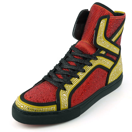 FI-2402 Red Gold Suede Red Gold Rhinestones High Top Sneaker Encore by Fiesso