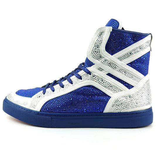 FI-2402 White Blue Suede Rhinestones High Top Sneaker Encore by Fiesso