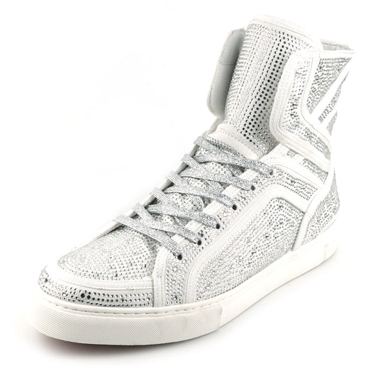 FI-2402 White Suede Clear Rhinestones High Top Sneaker Encore by Fiesso