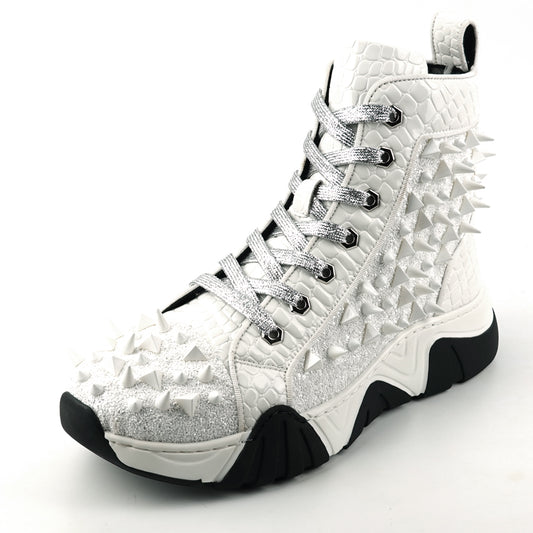 FI-2405 White Glitter White Spikes Lace up High top Sneaker Encore by Fiesso