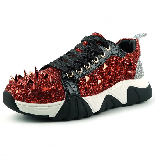 FI-2406 Red Black Glitter Red Spikes Lace up Sneaker Encore by Fiesso