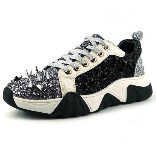 FI-2406 Silver Black Glitter Silver Spikes Lace up Sneaker Encore by Fiesso