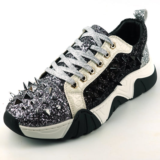 FI-2406 Silver Black Glitter Silver Spikes Lace up Sneaker Encore by Fiesso