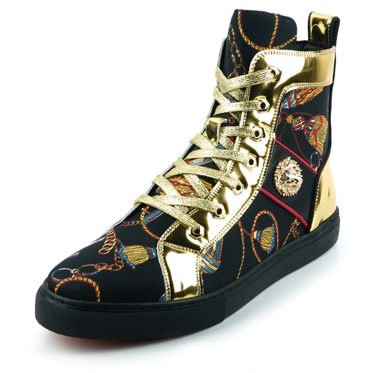 FI-2421 Black Gold Lace up High top Sneaker Encore by Fiesso