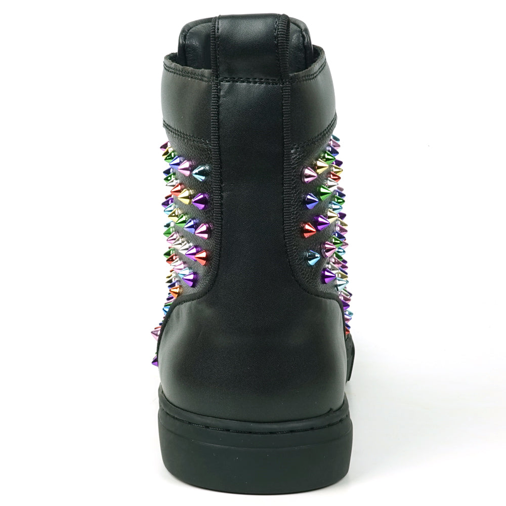 FI-2430 Black Leather Multicolor Spikes Lace up High top Sneaker Encore by Fiesso