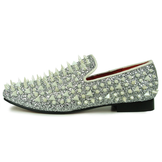 FI-7239 Silver Glitter White Spikes Slip on Loafer Fiesso by Aurelio Garcia