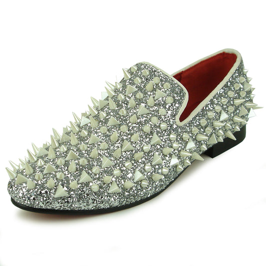 FI-7239 Silver Glitter White Spikes Slip on Loafer Fiesso by Aurelio Garcia