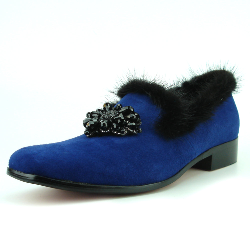 FI-7306 Royal Blue Suede Black Rhinestones Ornament Slip on Fiesso by Aurelio Garcia