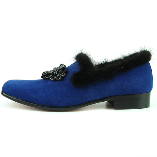 FI-7306 Royal Blue Suede Black Rhinestones Ornament Slip on Fiesso by Aurelio Garcia